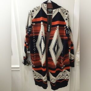 Oliver.O Orange, blue and cream Aztec Southwestern long cardigan NWT size XL